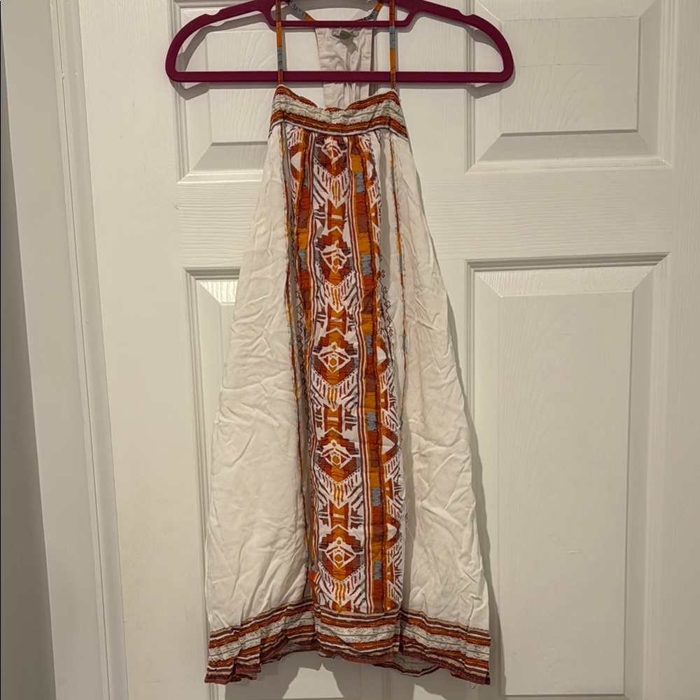 Bohemian Halter Dress with Orange and White Patterns